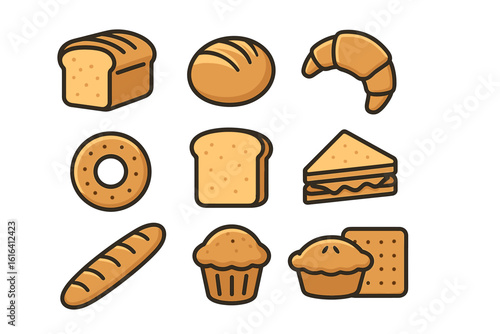 Assorted baked goods: bread, croissant, doughnut, sandwich, muffin, baguette, cracker