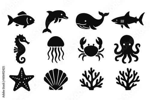 Collection of marine animal silhouettes: fish, dolphin, whale, shark, seahorse, jellyfish, crab, octopus, starfish