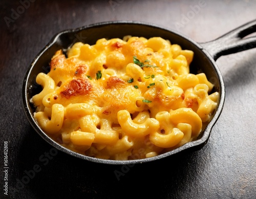 macaroni and cheese also called mac and cheese or mac n cheese served in black small pan close up