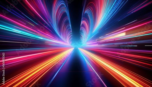 dynamic neon streaks representing speed and velocity in an abstract digital time travel universe