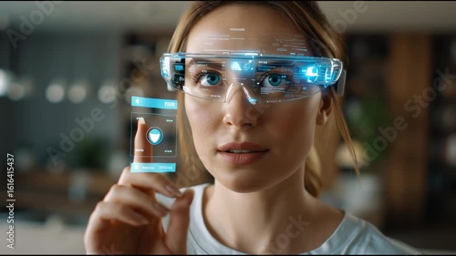 Close-up of a woman wearing smart AR glasses while shopping in a digital interface from a modern living room