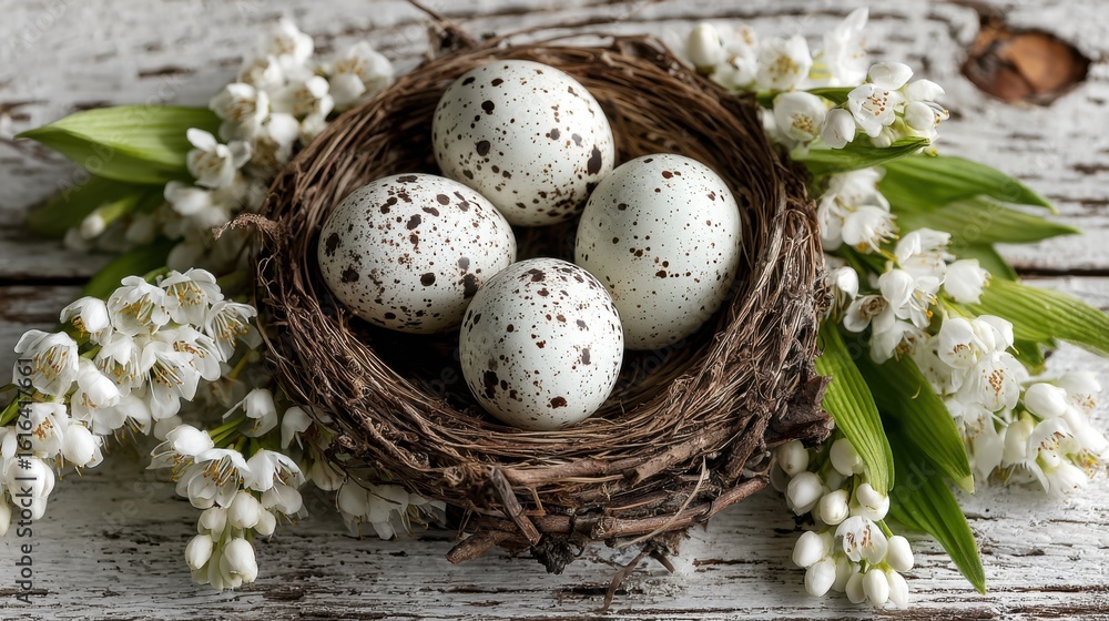 Obraz premium A nest containing four speckled eggs rests on a rustic wooden surface, surrounded by delicate white flowers and green leaves, creating a serene spring scene.