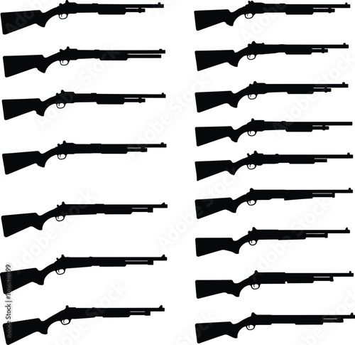 Vector silhouette and colored illustration set of various classic pump-action shotguns and rifles. Ideal for hunting, sport shooting, tactical, and historical firearm design projects.