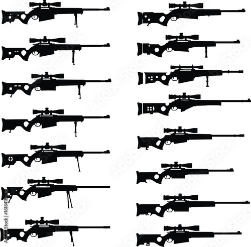 Vector silhouette collection of various modern sniper rifles with scopes and bipods. Ideal for military, tactical, gaming, hunting, and long-range shooting design projects.