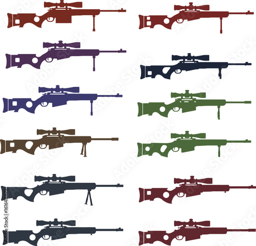 Colorful vector illustration set of various modern sniper rifles with scopes and bipods. Ideal for military, tactical, gaming, hunting, and long-range shooting design projects.