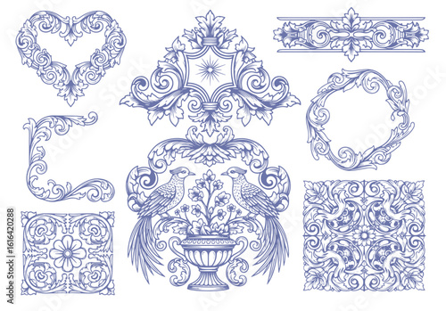 Floral decorative vector elements set, rococo and baroque style, vintage royal details. engraving illustration set