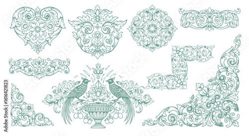 engraving illustration of victorian, rococo, baroque style elements. book cover, social media, t shirt design application