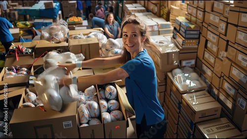Cheerful humanitarian volunteer sorts packaged food supplies in donation center full of aid materials.