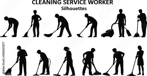 Silhouettes of cleaning service workers using mop, broom, and vacuum equipment, perfect for maintenance, janitor, hygiene, and housekeeping designs