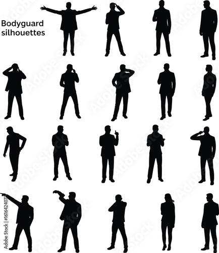 Collection of bodyguard silhouettes in various alert poses, security personnel in suits, guarding stance, professional defense team vector