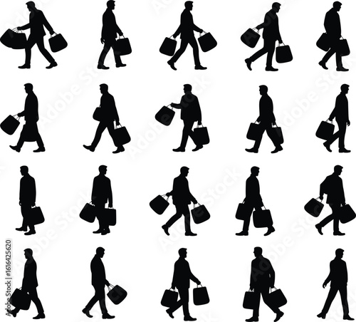 Silhouettes of men carrying shopping bags, walking shoppers vector icons, black retail buyer poses, commercial person illustration for marketing design