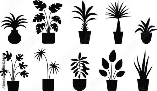 Indoor plant silhouette collection, decorative potted foliage icons, tropical houseplants vector, black leaf shapes, minimalist botanical home decor illustration set