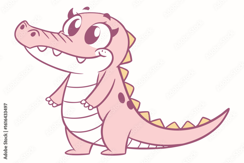 Fototapeta premium Cute pink cartoon alligator character with big eyes