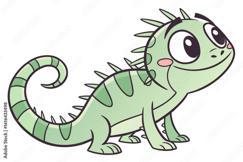 Fototapeta premium Cute green cartoon iguana with pink cheeks reptile
