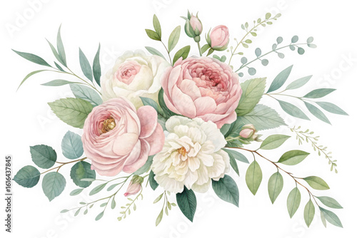 Watercolor floral bouquet with pink roses and peonies, elegant flower arrangement with green leaves, romantic botanical illustration for wedding invitations
