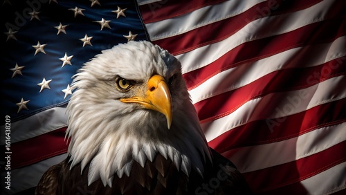 Majestic bald eagle soars against iconic American flag for patriotic symbolism