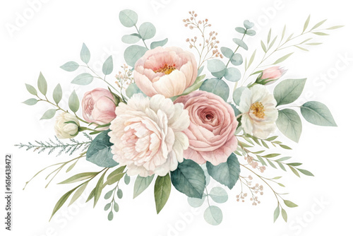Watercolor floral bouquet with pink roses and eucalyptus, elegant flower arrangement for wedding invitations, soft pastel botanical illustration