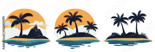 Set of three tropical island illustrations with palm trees, rocks, beach, ocean reflections, minimal flat vector design for t shirt and travel themes