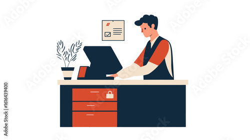 Male bank cashier working at counter with computer monitor and cash drawer in flat minimalist style vector illustration