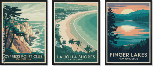 Three framed posters showcasing scenic landscapes of california and new york state