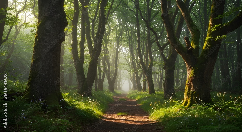 Naklejka premium Sunlight Filtering Through Misty Forest Path