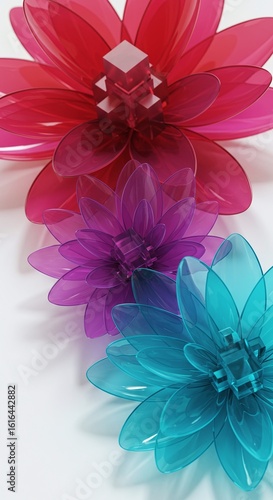 Colorful Translucent Plastic Flower Arrangement: Red, Purple, Blue, Close-up, Floral Still Life, Decorative Elements, Artistic Design, Isolated on White Background