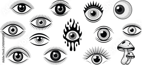 Psychedelic eye illustrations, surreal tattoo art, mystical vision symbols, trippy black and white designs, graphic elements for creative projects