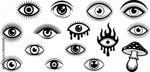 Psychedelic eye illustrations, surreal tattoo art, mystical vision symbols, trippy black and white designs, graphic elements for creative projects