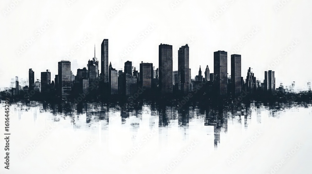 Naklejka premium Skyline Silhouette of a City with Tall Buildings Representing Urban Development City Life and Skyscrapers for Real Estate City Planning and Corporate Branding Campaigns