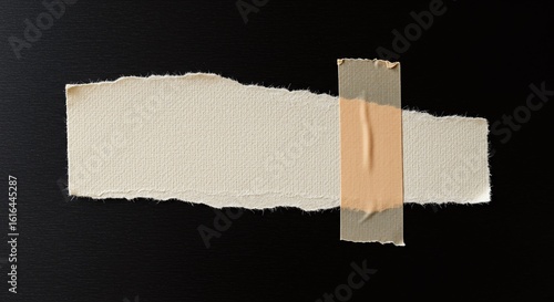 Torn Paper Strip Adhered with Tape on Black Background - Isolated Cream White Texture Element, Neutral Color, Blank Edge, Ripped Detail, Material
