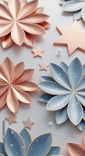 Delicate Paper Flowers: Pastel Rose and Blue Blooms with Star Confetti on White Background, Top-Down Floral Art, Still Life, Modern Feminine Design, Wedding, Vertical