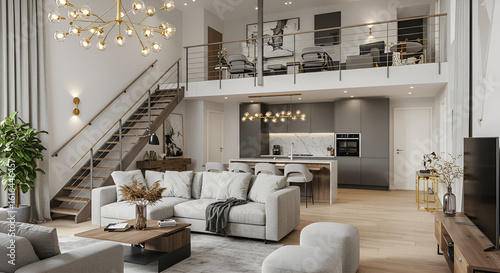 3d rendering. Interior house modern open living space with kitchen.Loft style Duplex apartment residence.Home decoration luxury  interior design.