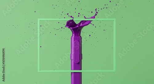 Purple Paint Splatter: Brush Strokes and Artistic Expression Against a Light Green Background with Border for Text, Studio Shot, Colorful Abstract