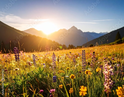 Mountain landscape with sunrise and sunset over meadows and flowers
