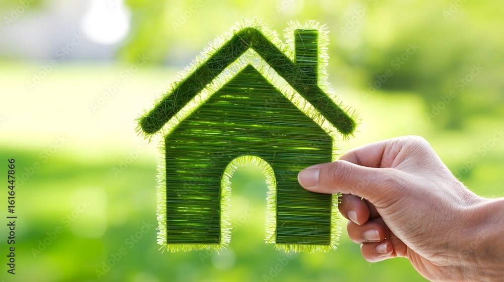 Holding a vibrant green grass house symbol symbolizing eco-friendly living and sustainable development Holding a vibrant green grass house symbol symbolizing eco-friendly living and sustainable development