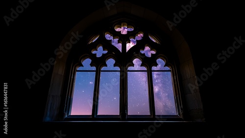 Gothic stained glass window illuminated with purple and blue light