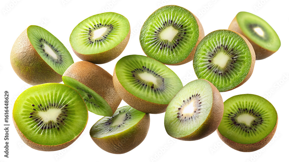 Fototapeta premium Vibrant slices of fresh kiwi fruit displayed against a stark black background showcasing their green flesh and black seeds