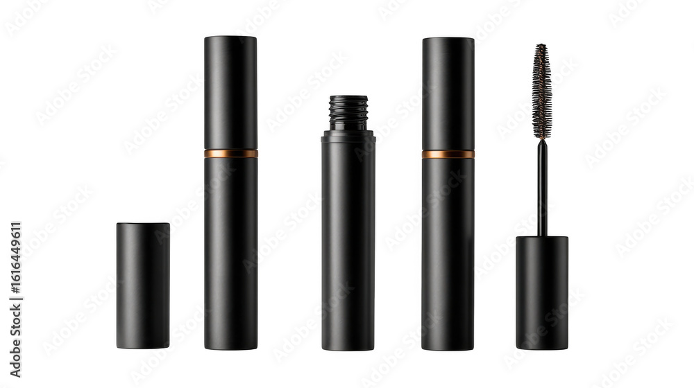 Obraz premium Elegant black mascara tube with applicator wand and cap isolated on transparent background