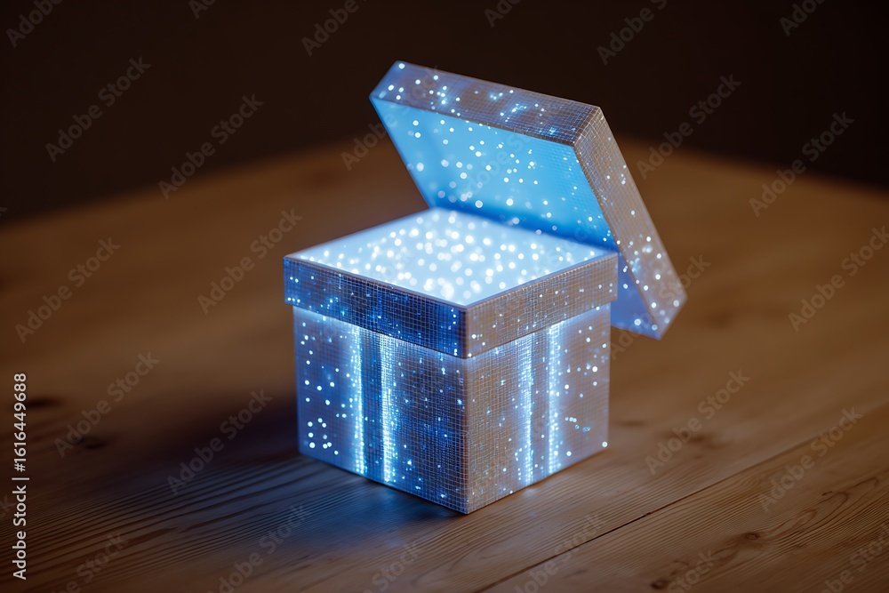 Obraz premium A magical gift box emitting a bright blue light and sparkles, placed on a wooden surface, creating a dreamy atmosphere.