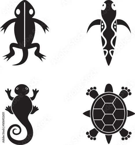 A diverse collection of intricately designed black filled reptile silhouettes showcasing various species in a striking and artistic silhouette style perfect for graphic design projects