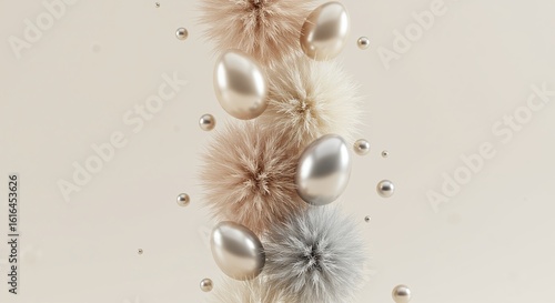 Elegant Easter Still Life: Silver Eggs & Fluffy Pom Poms in Vertical Arrangement on Beige Background - Festive, Minimalist, Pastel, Abstract, Modern, Celebration