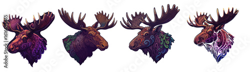 Four stylized moose heads with ornate swirling patterns in vibrant colors animal wildlife