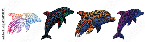 Four tribal patterned dolphins in gradient colors on transparent background illustration
