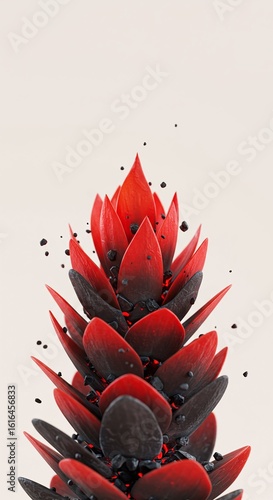 Abstract Red & Black Floral Sculpture, Organic Design, Decorative Element, Textured, Modern Art Piece on Beige Background, 3D Render, Close-Up
