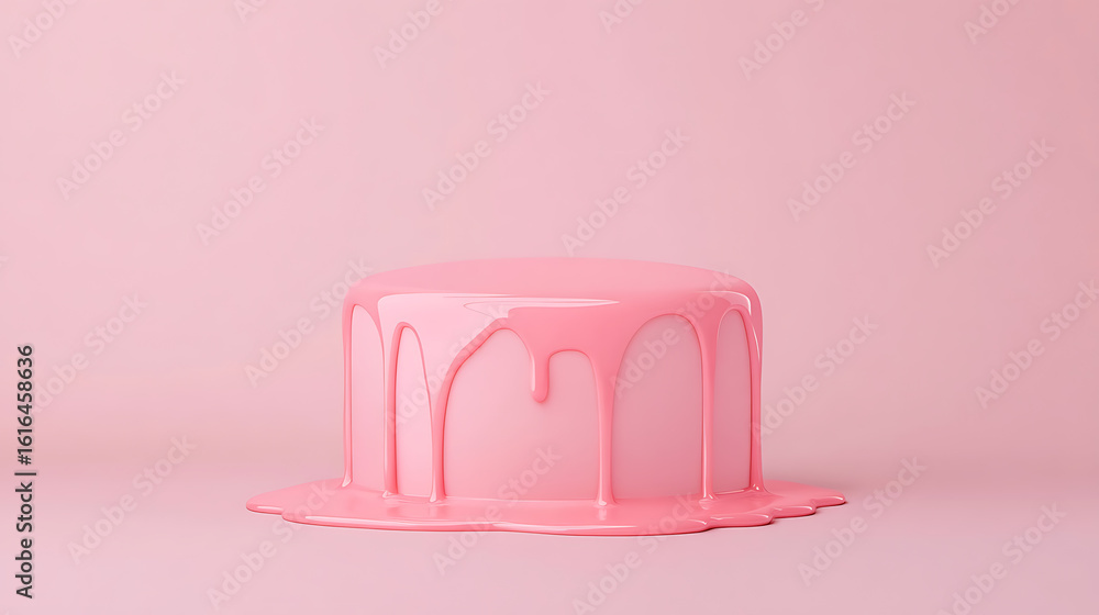 A stylized, monochromatic pink dessert with glossy dripping glaze and a solid base, rendered in a smooth, clean 3D style, standing alone in empty space. A stylized, monochromatic pink dessert with glossy dripping glaze and a solid base, rendered in a smooth, clean 3D style, standing alone in empty space.