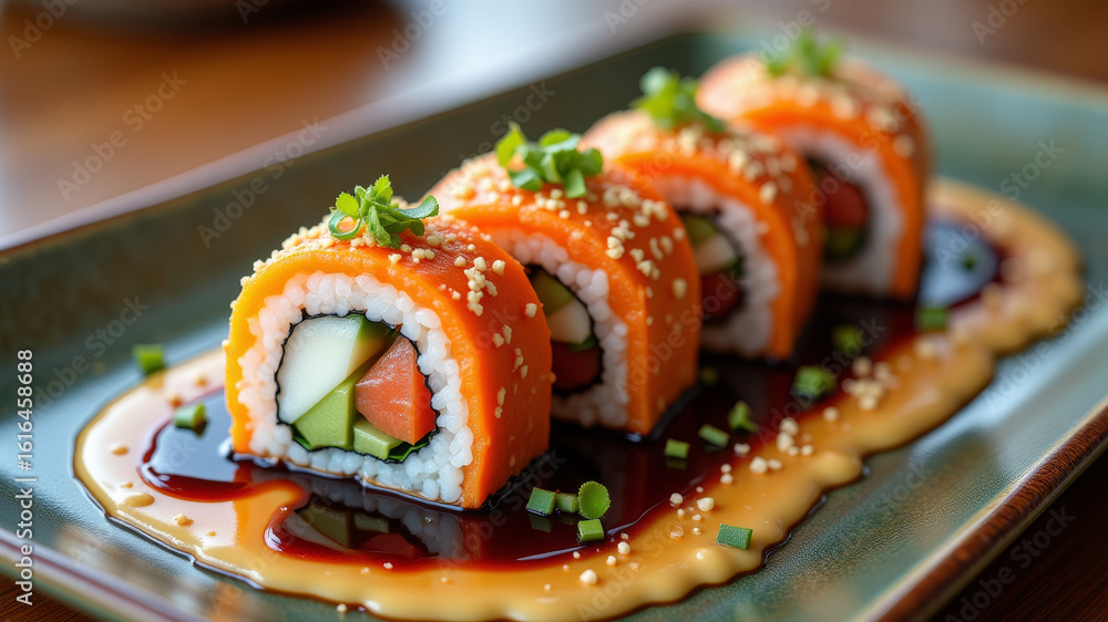 Sushi rolls fallen from plate onto floor with messy splash and ruined meal Sushi rolls fallen from plate onto floor with messy splash and ruined meal