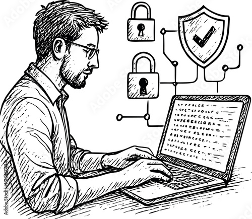 Cybersecurity professional sketch. Digital security work with laptop showing code and protection icons drawing.