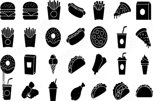 Fast food silhouette icons set – solid, filled, meal and snack symbols

