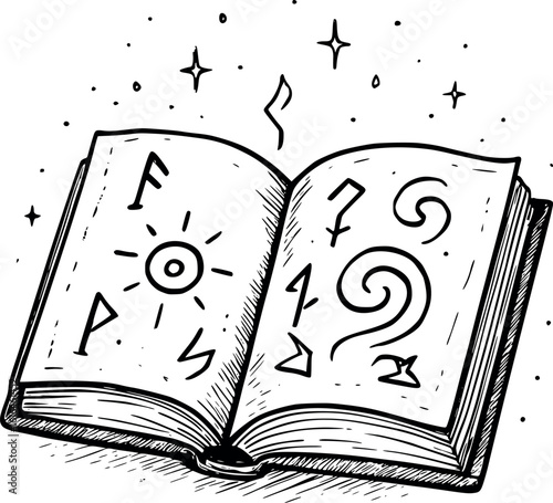 Magical spell book sketch. Open fantasy book with symbols and sparkles, vector isolated on white.