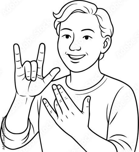 Sign language communication sketch. Expressive hand gestures and warm expression, deaf culture representation line art.